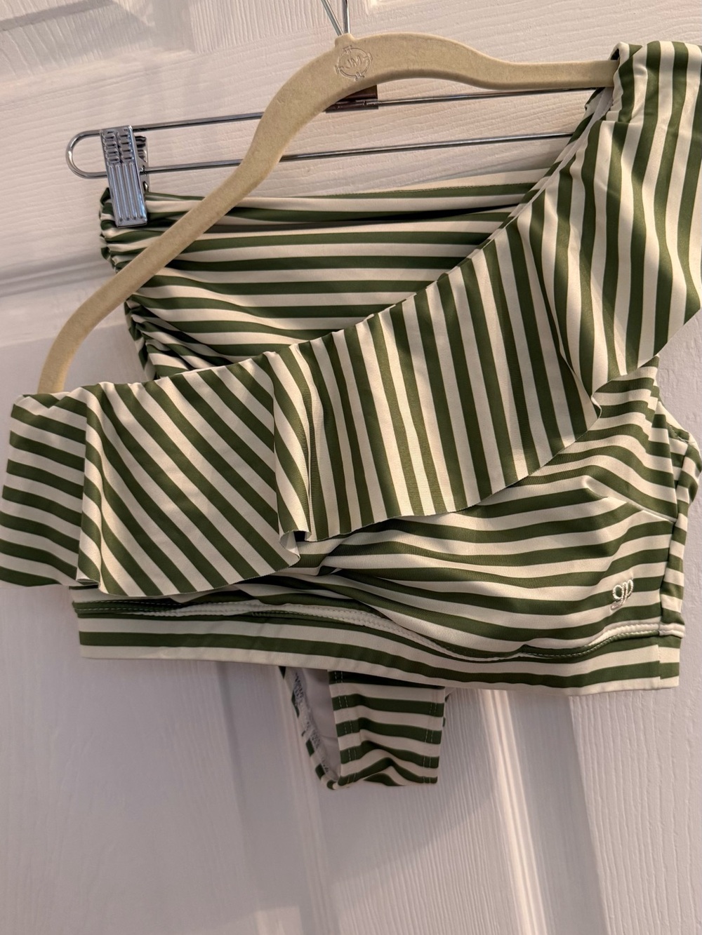 Albion Olive Green and White Striped One-Shoulder Bikini Set